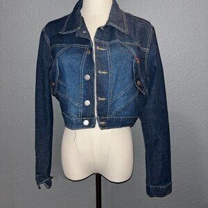 JUDY BLUE Cropped Denim Jean Jacket Medium Blue Wash - Logo Buttons - EUC Size M
